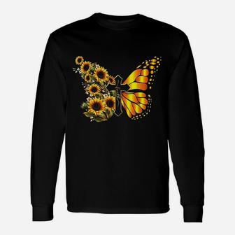 Vintage Faith Cross Sunflower Butterfly Christian Long Sleeve T-Shirt - Seseable