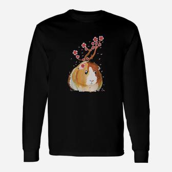 Vintage Guinea Pig Japanese Cherry Blossom Flower Long Sleeve T-Shirt - Seseable
