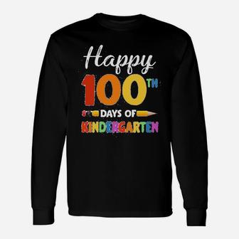 Vintage Happy 100th Day Of Kindergarten Teacher Or Student Long Sleeve T-Shirt - Seseable