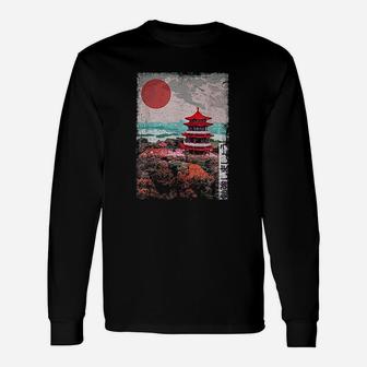 Vintage Japanese Temple Tree Blossom Japan Woodblock Long Sleeve T-Shirt - Seseable