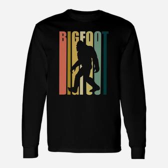Vintage Retro 1970s Style Rainbow Bigfoot Silhouette Long Sleeve T-Shirt - Seseable