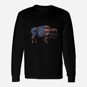 Vintage Retro Bison American Flag Buffalo Simple Long Sleeve T-Shirt - Seseable