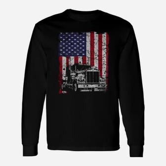 Vintage Truck Driver American Flag Trucker Shirt Long Sleeve T-Shirt - Seseable
