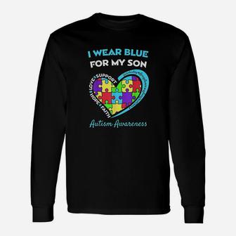 I Wear Blue For My Son Awareness Mom Dad Heart Puzzle Long Sleeve T-Shirt - Seseable