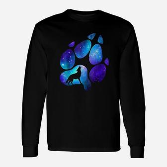 Wolf Paw Galaxy Wild Lone Wolves Double Exposure Stars Moon Long Sleeve T-Shirt - Seseable
