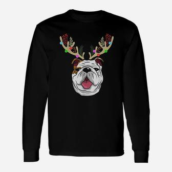 Xmas Bulldogs With Antlers Christmas Long Sleeve T-Shirt - Seseable