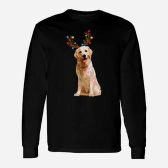 Xmas Golden Retriever With Antlers Christmas Long Sleeve T-Shirt - Seseable