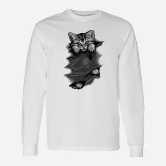 3D-Illusion Katzensprung Langarmshirts in Weiß, Optik für Katzenfreunde - Seseable