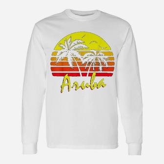Aruba 80s Tropical Summer Beach Palm Tree Sunset Long Sleeve T-Shirt - Seseable