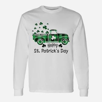 Buffalo Plaid Shamrock Vintage Truck Happy St Patricks Day Long Sleeve T-Shirt - Seseable