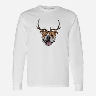Bulldog Dog Reindeer Antlers Christmas Long Sleeve T-Shirt - Seseable