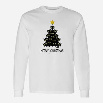Cat Christmas Tree Black Kitten Meowy Xmas Long Sleeve T-Shirt - Seseable