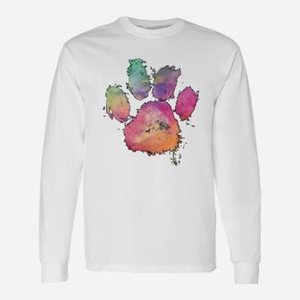 Cat Dog Paws Print Watercolor Rainbow Abstract Animal Lover Long Sleeve T-Shirt - Seseable