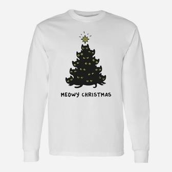 Cat Lover Tees: Merry Meowy Christmas Tree Long Sleeve T-Shirt - Seseable