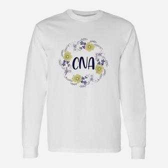 Cna Round Floral Frame Certified Nursing Assistant Long Sleeve T-Shirt - Seseable