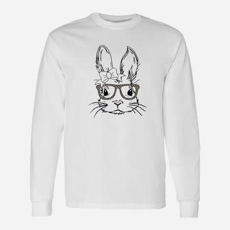 Cute Bunny Face Leopard Print Glasses Easter Long Sleeve T-Shirt - Seseable