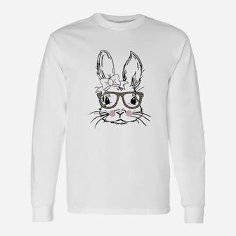 Cute Bunny Face Leopard Print Glasses Easter Long Sleeve T-Shirt - Seseable
