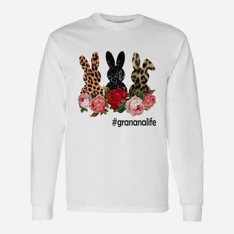 Cute Bunny Flowers Granana Life Happy Easter Sunday Floral Leopard Plaid Women Long Sleeve T-Shirt - Seseable