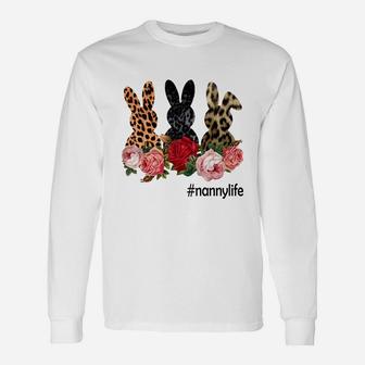 Cute Bunny Flowers Nanny Life Happy Easter Sunday Floral Leopard Plaid Women Long Sleeve T-Shirt - Seseable