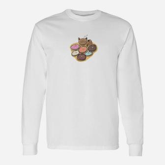 Cute Cat And Donuts Watercolor Long Sleeve T-Shirt - Seseable