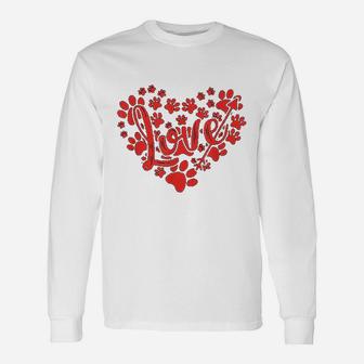 Cute Heart Paws Print Valentine Present For Dog Cat Lovers Long Sleeve T-Shirt - Seseable