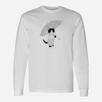 Cute Vintage Cat With Umbrella Long Sleeve T-Shirt - Seseable