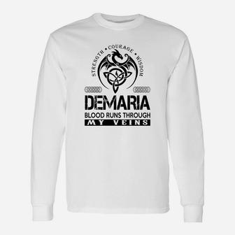 Demaria Shirts Demaria Blood Runs Through My Veins Name Shirts Long Sleeve T-Shirt - Seseable