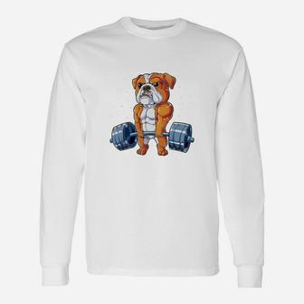 English Bulldog Weightlifting Deadlift Fitness Gym Long Sleeve T-Shirt - Seseable