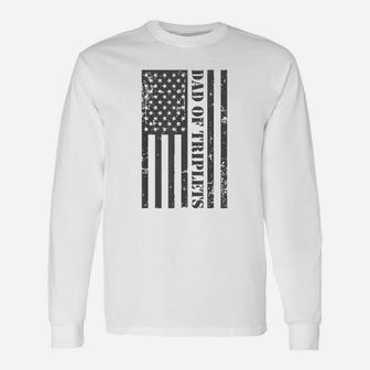 Fathers Day Triplet Dad American Flag Dad Of Triplets Gif Long Sleeve T-Shirt - Seseable