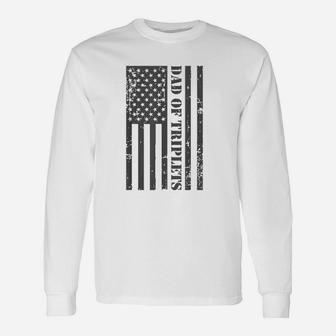 Fathers Day Triplet Dad American Flag Dad Of Triplets Long Sleeve T-Shirt - Seseable