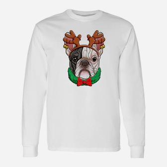 French Bulldog Christmas Shirt Reindeer Antlers Dog Girls Long Sleeve T-Shirt - Seseable