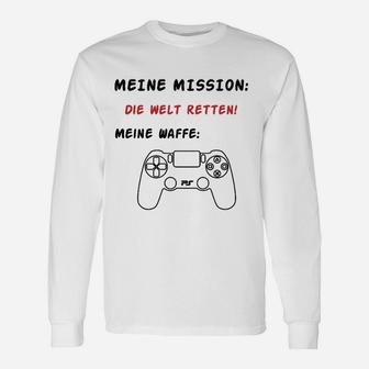 Gamer Langarmshirts Mission: Welt Retten mit Spielcontroller, Weiß - Seseable