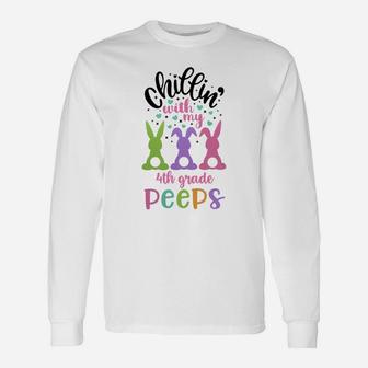 Happy Easter Cute Bunny Chilling With My 4th Grade Peeps Teachers Long Sleeve T-Shirt - Seseable