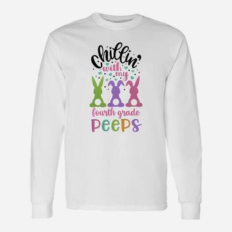 Happy Easter Cute Bunny Chilling With My Fourth Grade Peeps Teachers Long Sleeve T-Shirt - Seseable
