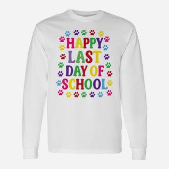 Happy Last Day Of School Paw Print Dog Cat Kid Teacher Long Sleeve T-Shirt - Seseable