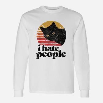 I Hate People Vintage Style Cat Retro Long Sleeve T-Shirt - Seseable
