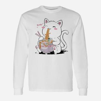 Kawaii Neko Cat Ramen Bowl Anime Otaku Japanese Noodles Long Sleeve T-Shirt - Seseable