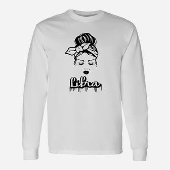 Libra Zodiac Sign Messy Bun Retro Vintage Birthday Long Sleeve T-Shirt - Seseable