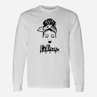 Libra Zodiac Sign Messy Bun Retro Vintage Birthday Long Sleeve T-Shirt - Seseable