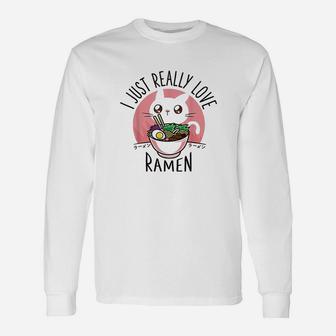 Love Ramen Japanese Noodles Kawaii Anime Cat Long Sleeve T-Shirt - Seseable