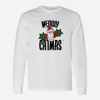 Meowy Catmas Cat Lover Christmas Tee Shirts Long Sleeve T-Shirt - Seseable