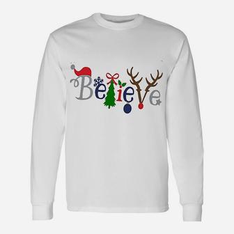 Women Merry Christmas Cute Santa Tree Reindeer Believe Long Sleeve T-Shirt - Seseable