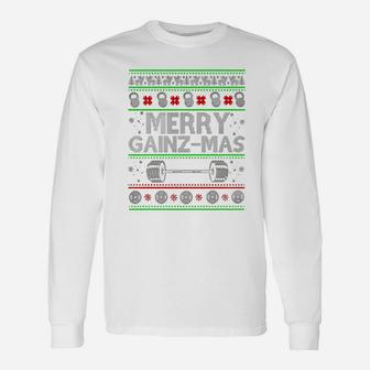 Merry Gainzmas Tshirt Christmas Shirt Fitness Gym Workout Long Sleeve T-Shirt - Seseable