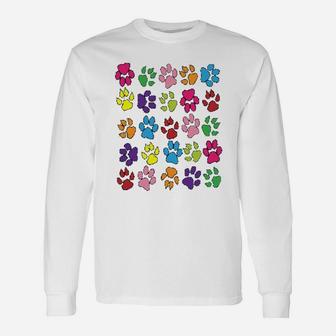 Paws Prints Dogs Cats Animals Colorful Long Sleeve T-Shirt - Seseable