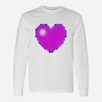 Pink Purple Pixelated Heart Shirt, Retro Gamer Pixel Tee Long Sleeve T-Shirt - Seseable