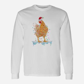 Pretty Chicken Lights Santa Hat Christmas Chicken Lover Xmas Shirt Long Sleeve T-Shirt - Seseable