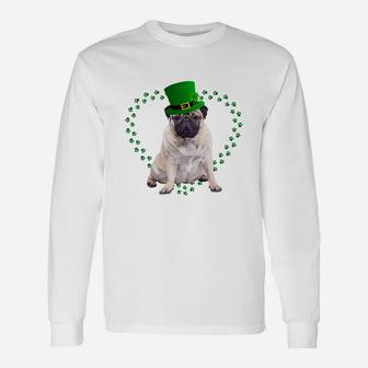 Pug Heart Paw Leprechaun Hat Irish St Patricks Day For Dog Lovers Long Sleeve T-Shirt - Seseable