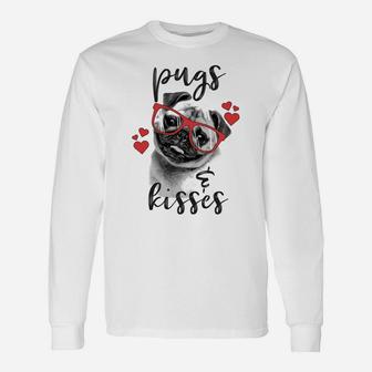 Pugs And Kisses Red Hearts Valentines Graphic Long Sleeve T-Shirt - Seseable