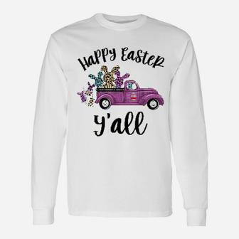 Purple Truck With Bunnies Leopard Happy Easter Long Sleeve T-Shirt - Seseable