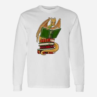 Well Read Cute Gold Dragon Reading Books Long Sleeve T-Shirt - Seseable